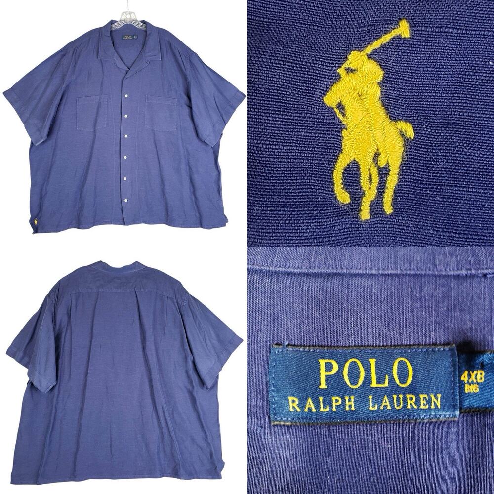 Polo Ralph Lauren Shirt Oxford SS Button‎ Down Blue Mens Size 4XB Linen Silk